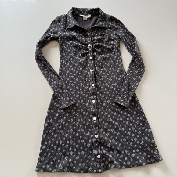 American Eagle-Long Sleeve-Floral-Shirt Dress-Button Front-Collar-Gray-Blue-XS - Picture 1 of 9